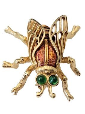 Boucher Gold Tone Enamel Green Glass Bullet Cab Eyes Bug, Fly Brooch Signed L44
